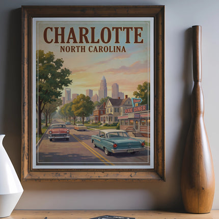 Vintage poster of Charlotte, North Carolina with a diner and classic cars.