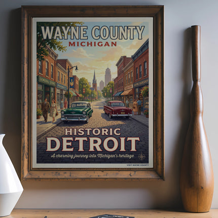 Wayne County Michigan historic Detroit poster with vintage cars and storefronts.