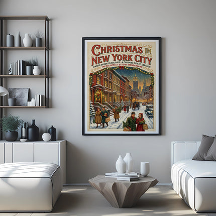 Christmas in New York City vintage poster featuring festive street scene.