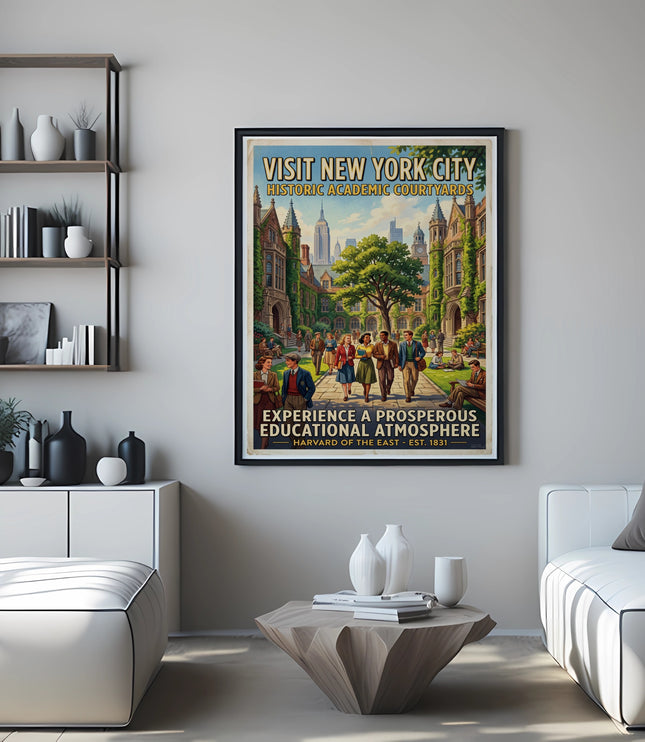 Vintage poster of New York City historic academic courtyards, featuring the Empire State Building.