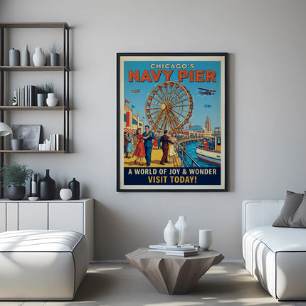 Vintage poster for Chicago's Navy Pier with Ferris wheel and people.
