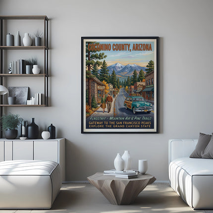 Coconino County, Arizona vintage travel poster with mountains and a vintage car.