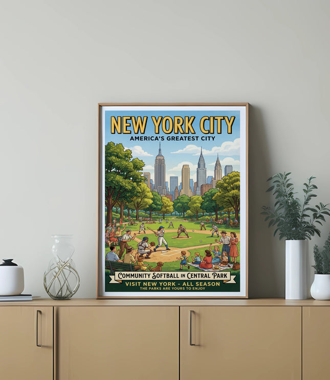 New York City skyline with community softball game in Central Park.