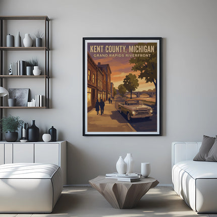 Vintage poster of Kent County, Michigan Grand Rapids Riverfront with classic truck.