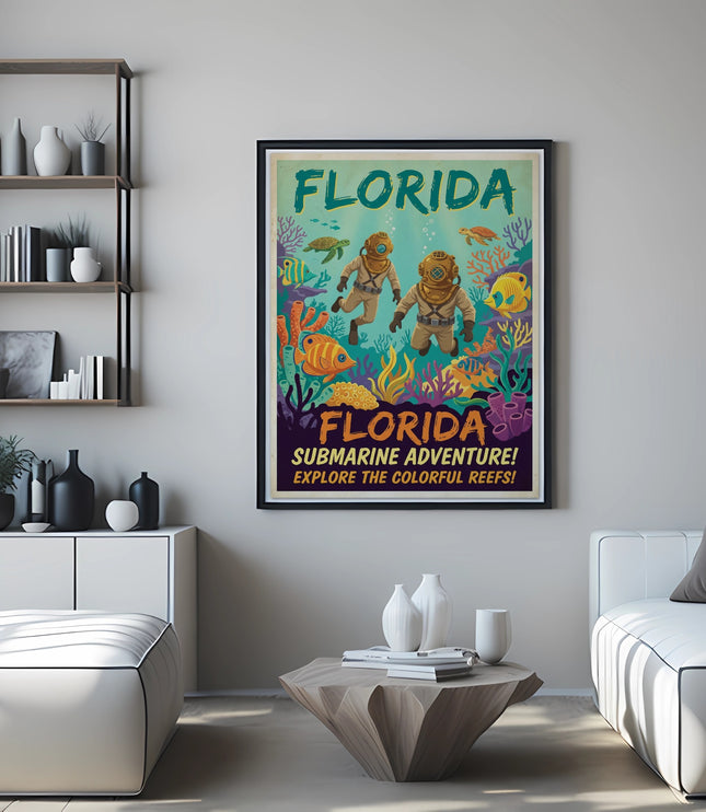 Vintage Florida submarine adventure poster featuring divers and marine life.