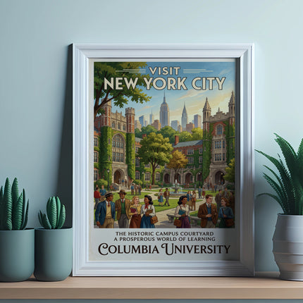 Visit New York City Columbia University historic campus courtyard poster.