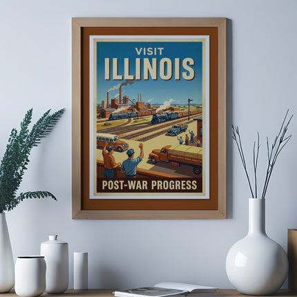 Vintage "Visit Illinois: Post-War Progress" poster showing trains, factory, and truck.