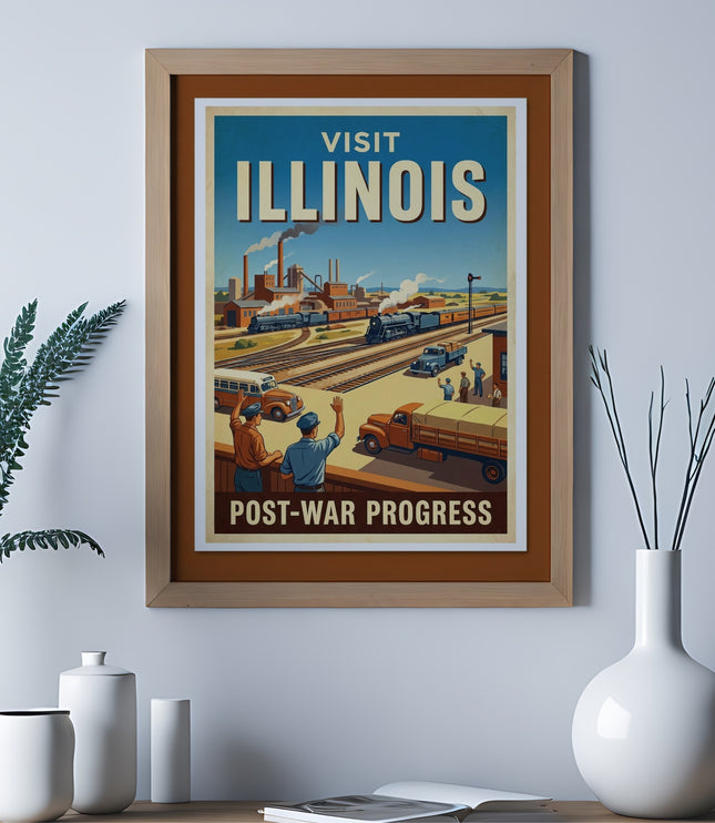 Vintage "Visit Illinois: Post-War Progress" poster showing trains, factory, and truck.