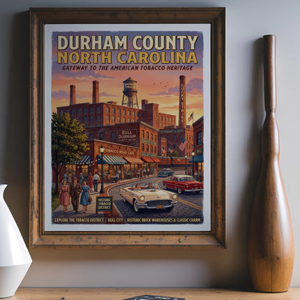 Durham County, North Carolina vintage travel poster showing Bull Durham factory buildings.