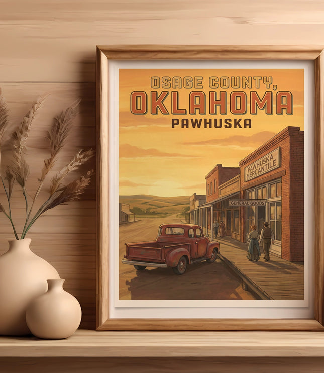 Osage County, Oklahoma, Pawhuska vintage travel poster with storefronts and truck.