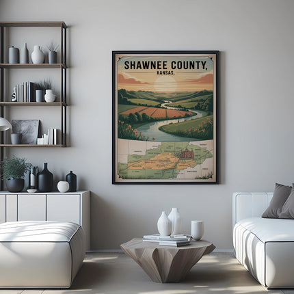 Shawnee County, Kansas map with rolling hills and a river.