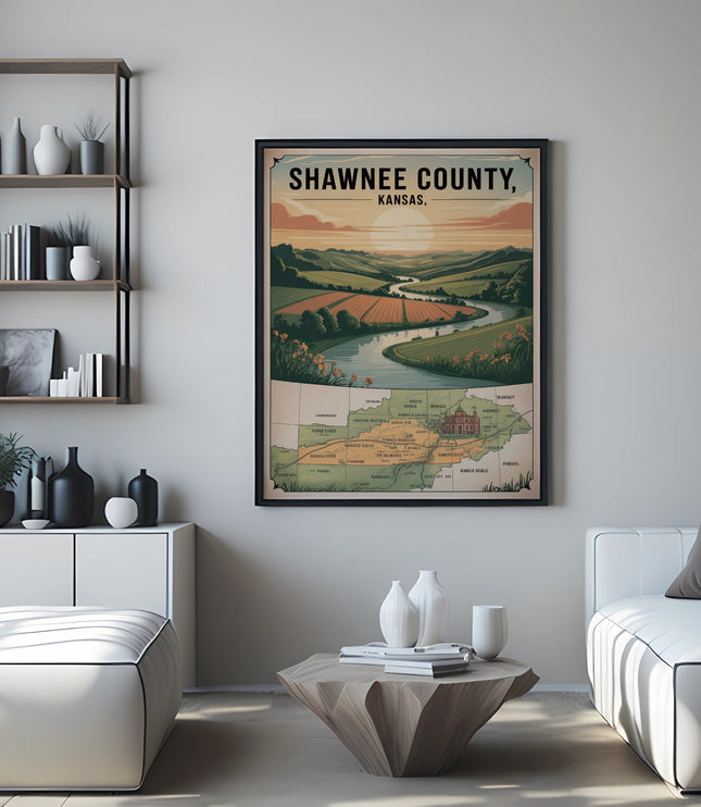 Shawnee County, Kansas map with rolling hills and a river.