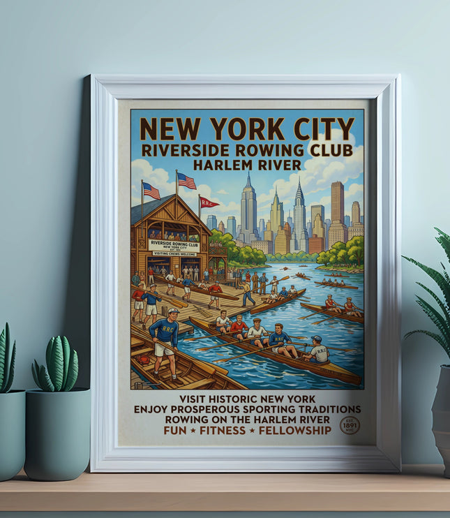 New York City Riverside Rowing Club Harlem River vintage poster with rowers and skyline.