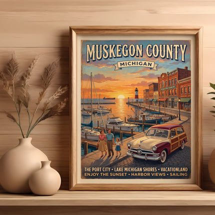 Muskegon County, Michigan vintage travel poster with harbor, lighthouse, and classic car.