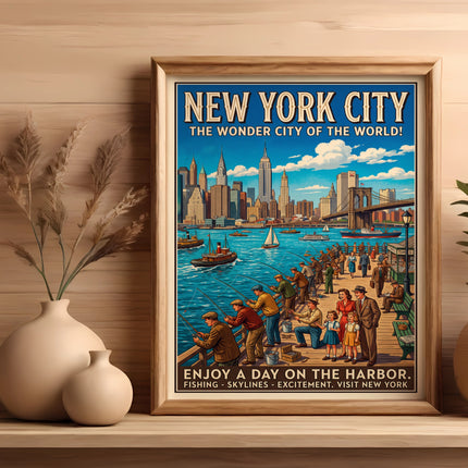 New York City poster with harbor scene, people fishing, and skyline.