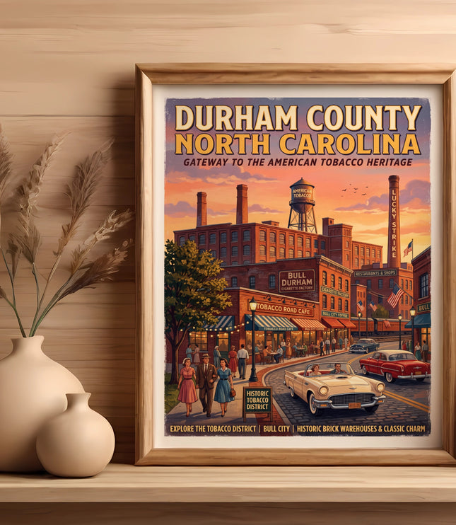 Durham County North Carolina tobacco heritage poster with vintage cars and buildings.