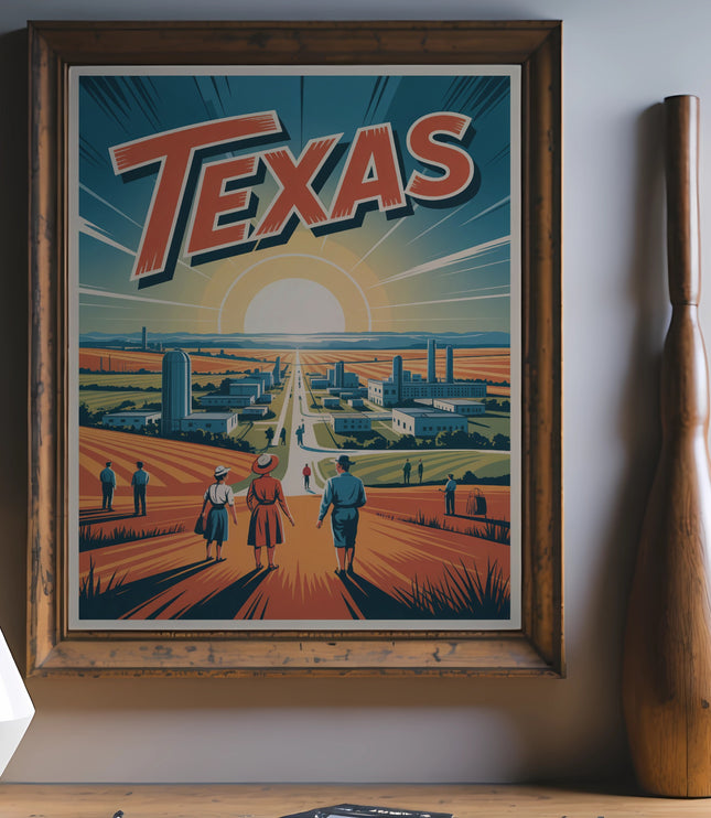 Vintage Texas travel poster with sunburst, cityscape, and people walking.