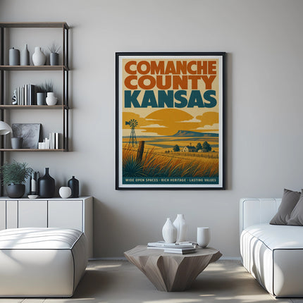 Comanche County Kansas vintage travel poster with landscape and windmill.