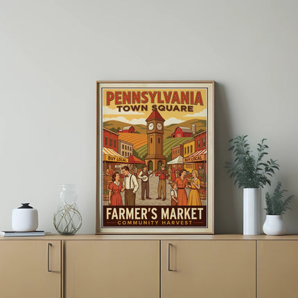 Pennsylvania Town Square Farmer's Market Community Harvest vintage illustration.