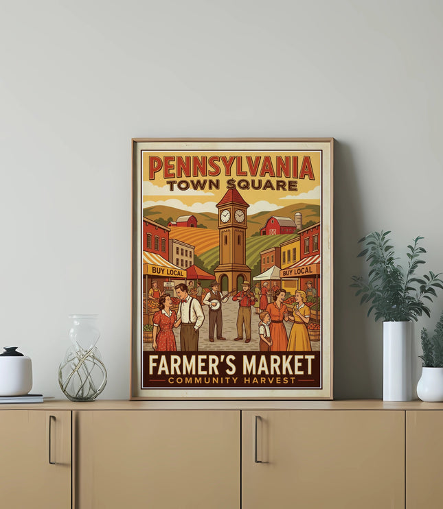 Pennsylvania Town Square Farmer's Market Community Harvest vintage illustration.