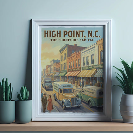 Vintage poster of High Point, N.C. The Furniture Capital, with street scene and trucks.