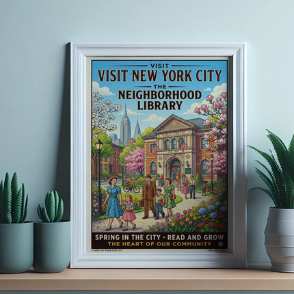 Vintage "Visit New York City The Neighborhood Library" poster with people and library exterior.