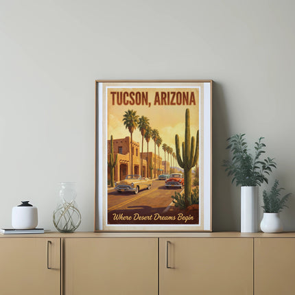 Tucson, Arizona art with vintage cars, palm trees, saguaro cactus, and text.