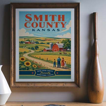 Smith County Kansas poster with barn, sunflowers, and family.