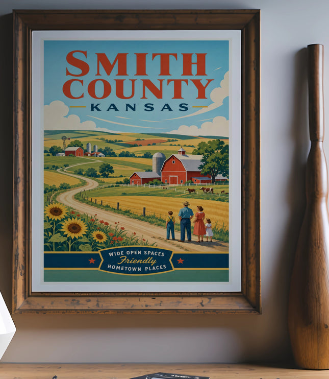Smith County Kansas poster with barn, sunflowers, and family.