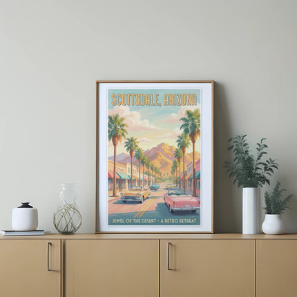 Scottsdale, Arizona poster with palm trees, vintage cars, and mountains.