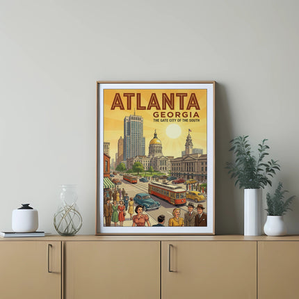 Vintage Atlanta Georgia travel poster with cityscape and people.