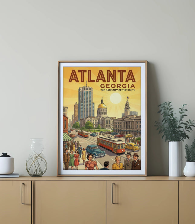 Vintage Atlanta Georgia travel poster with cityscape and people.