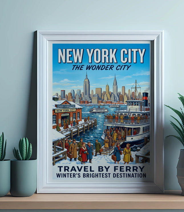 New York City travel poster depicts ferry harbor, skyline, and winter travelers.