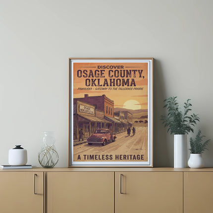 Osage County, Oklahoma vintage travel poster featuring town scene and bison.
