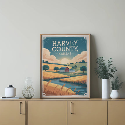 Vintage poster of Harvey County, Kansas landscape with farm and river.