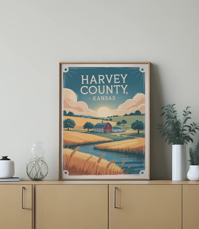 Vintage poster of Harvey County, Kansas landscape with farm and river.
