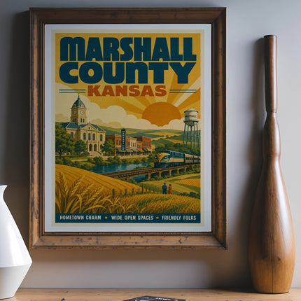 Retro travel poster for Marshall County, Kansas, with train and water tower.