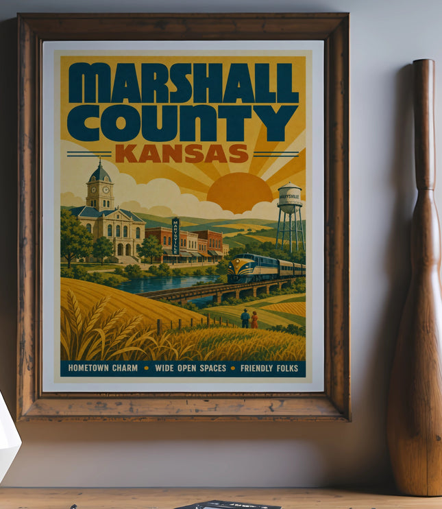 Retro travel poster for Marshall County, Kansas, with train and water tower.