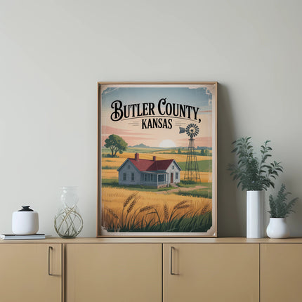 Butler County, Kansas landscape with farmhouse, windmill, and wheat field.