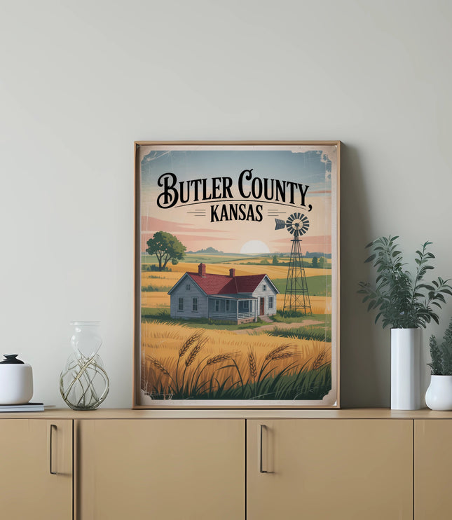 Butler County, Kansas landscape with farmhouse, windmill, and wheat field.