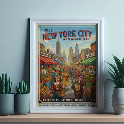New York City travel poster depicting a busy, colorful market scene.