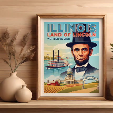 Framed Illinois travel poster featuring Abraham Lincoln and historic sites.