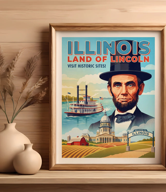 Framed Illinois travel poster featuring Abraham Lincoln and historic sites.
