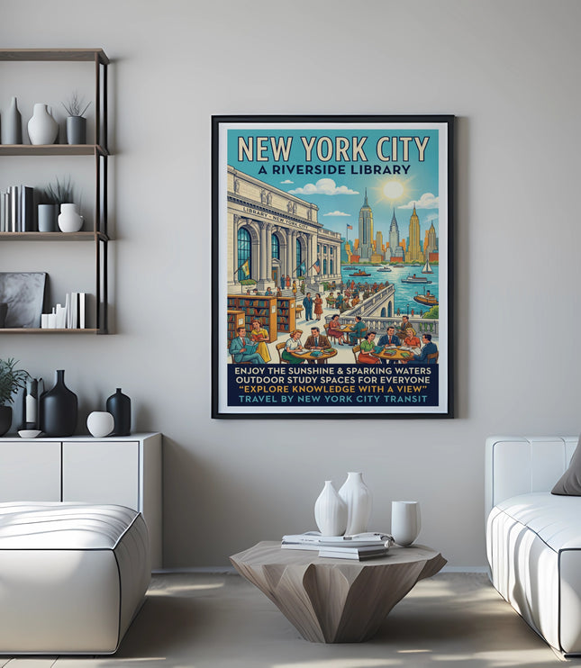 New York City Riverside Library vintage travel poster description.