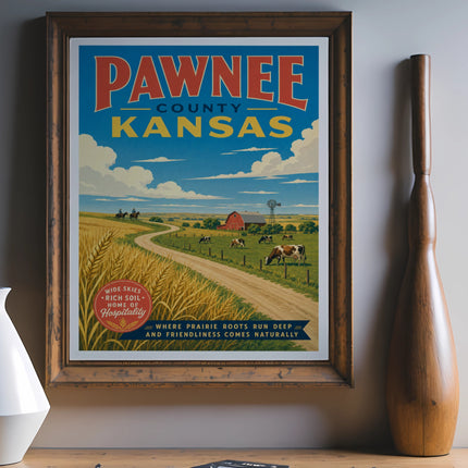 Pawnee County Kansas travel poster with text and rural scene.