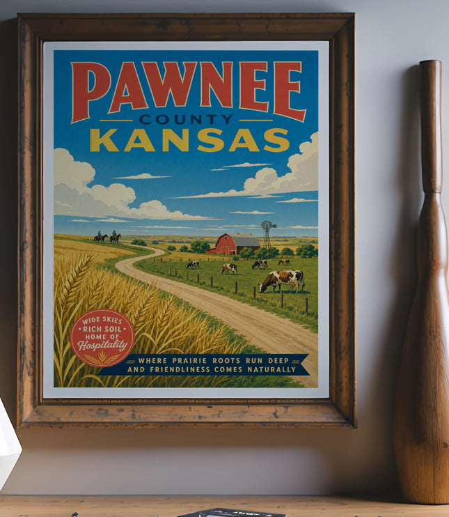 Pawnee County Kansas travel poster with text and rural scene.