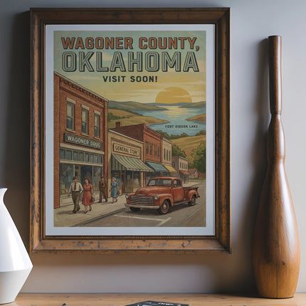 Retro poster of Wagoner County, Oklahoma, with vintage shops and Fort Gibson Lake at sunset.