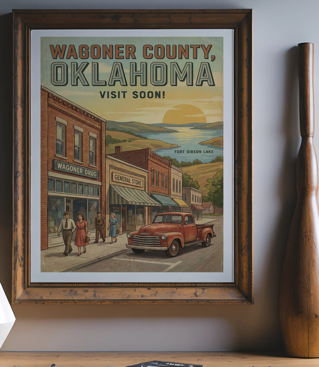 Retro poster of Wagoner County, Oklahoma, with vintage shops and Fort Gibson Lake at sunset.
