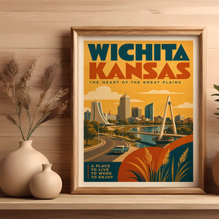 Wichita, Kansas retro travel poster with city skyline and text.