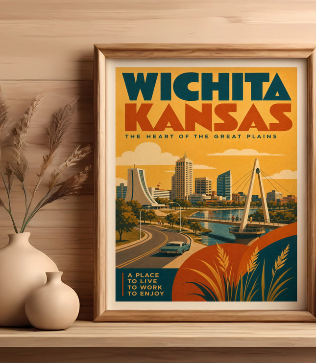 Wichita, Kansas retro travel poster with city skyline and text.